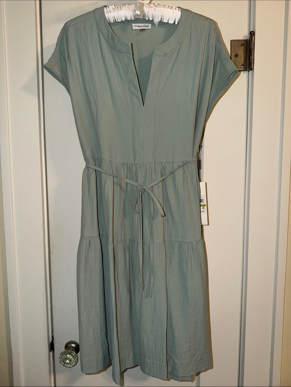 Calvin Klein NWT Sage Green Dress, Vee Neck Popover, Waist Tie, Drape Sleeves